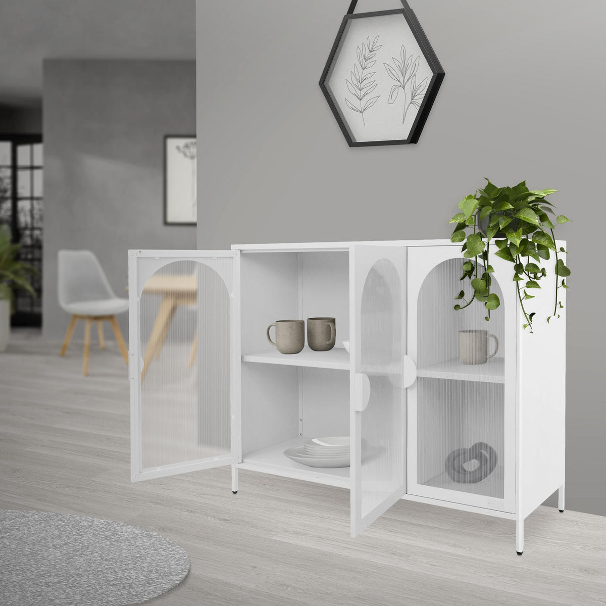 VITRINENSCHRANK aus Stahl 120x93x40 cm Weiß mit 3 Türen - Weiß, Metall (120/93/40cm) - ML-DESIGN