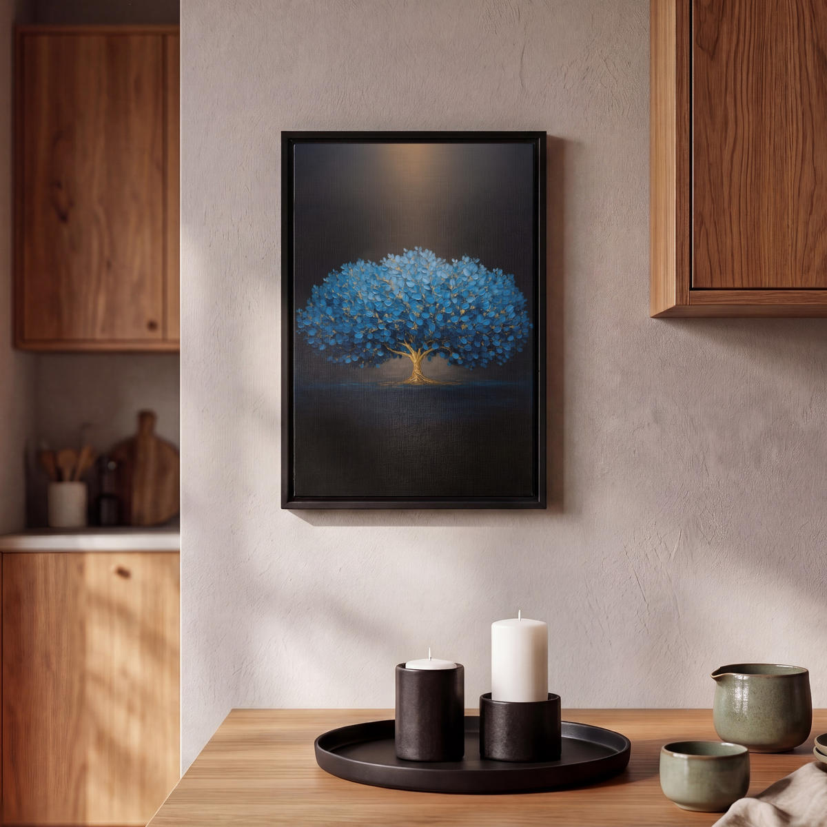 LEINWAND Bilder mit Rahmen - Baum - Blau - Blätter - Pinselstriche - 20x30 - Blau, Textil (20/30cm) - MuchoWow