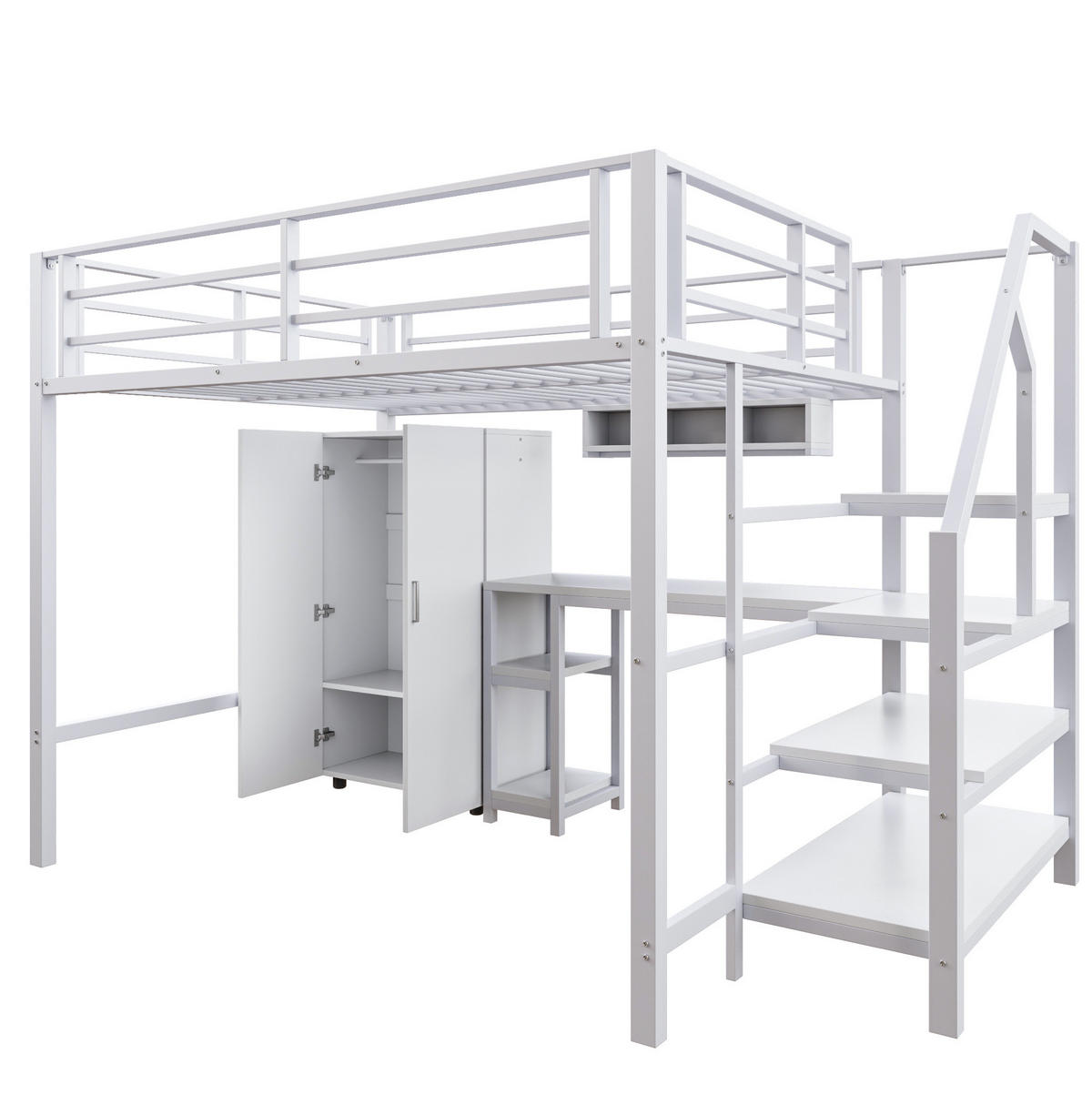 HOCHBETT aus Metall und MDF 140x200 cm Weiß mit Kleiderschrank, Regalen, Ablageleiter und Schreibtisch - Weiß, Metall (90/200cm) - Modfu