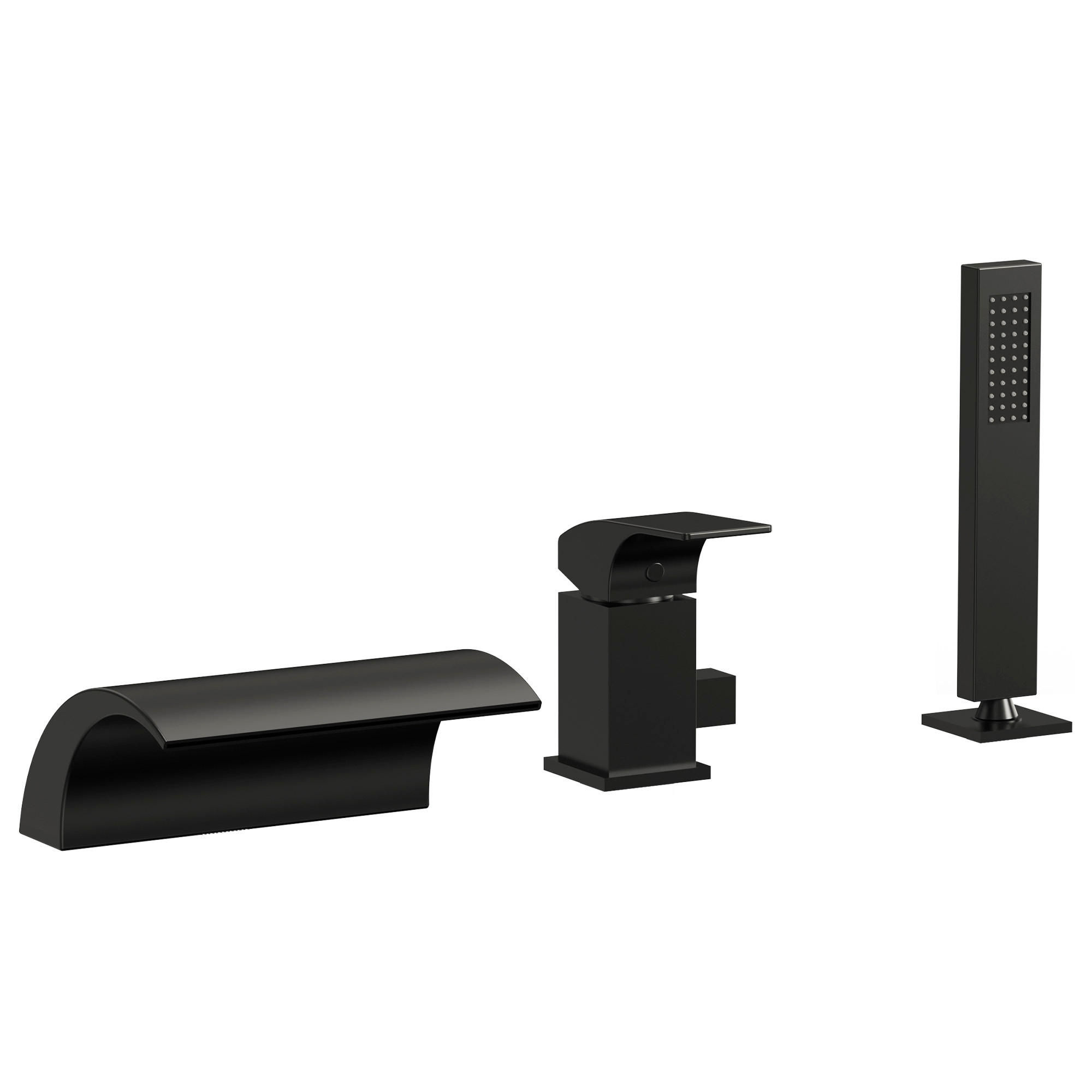 BADEWANNENARMATUR SFS-5004 Schwarz Matt, 3-Loch, Wasserfallauslauf 180 mm, Handbrause 200 mm, Einhebel - Schwarz, Metall (9/20/18cm) - Everstein