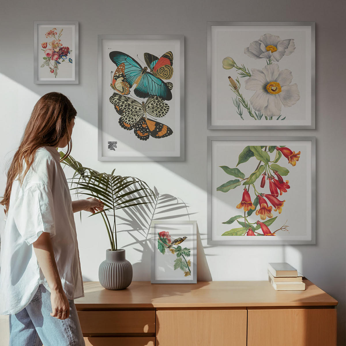 BILDER SET 5er Set - 50x50 cm & 20x30 cm & 40x60 cm Silberner Rahmen - Blumen, Schmetterlinge, Vögel, Pastellfarben - Silberfarben, Kunststoff (40/60cm) - TULUP