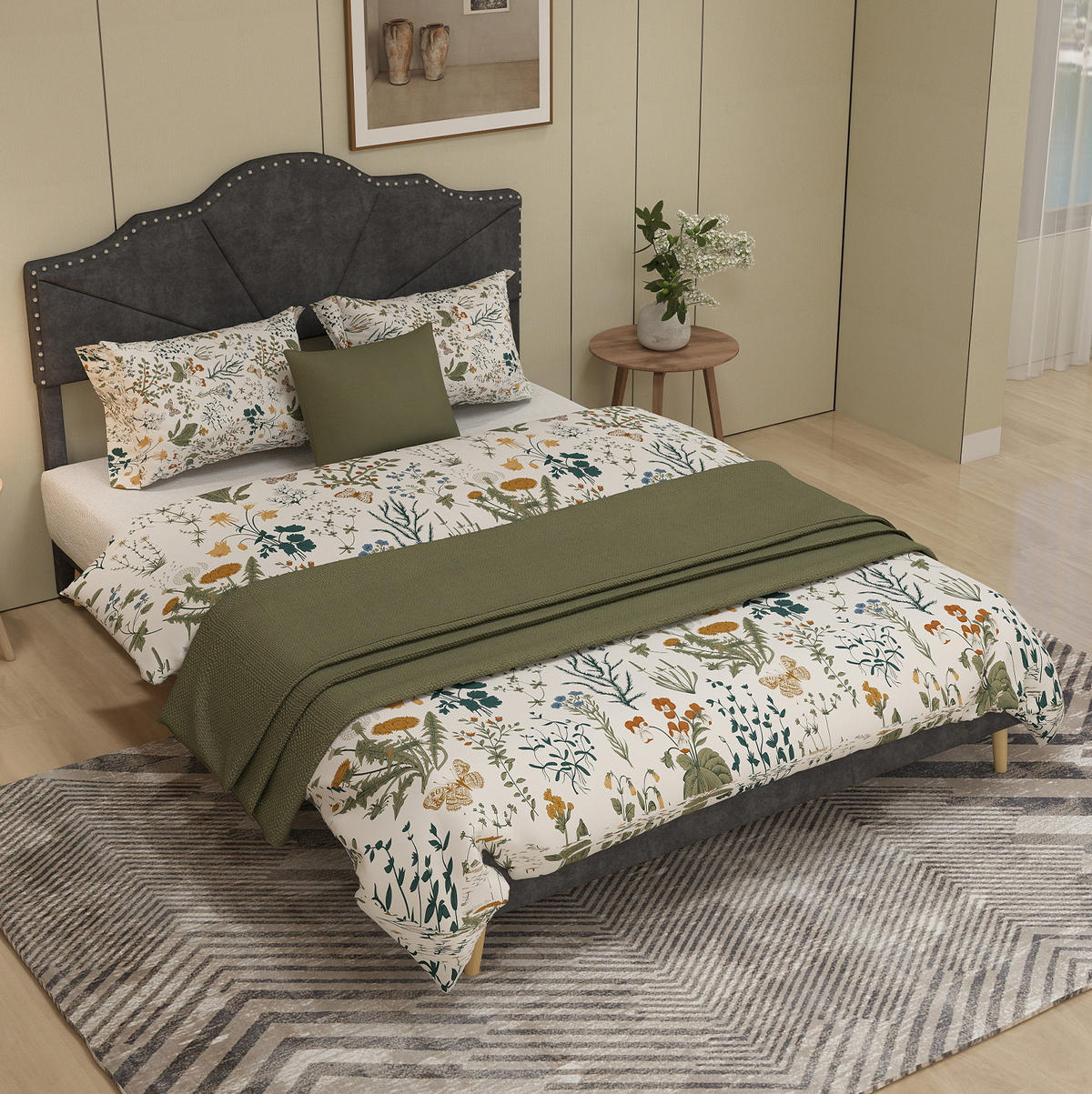 ČALÚNENÁ posteľ 160/200 cm s geometrickým čelom a lamelovým roštom, robustná a elegantná, Sivá - sivá, textil (160/200cm) - Redom