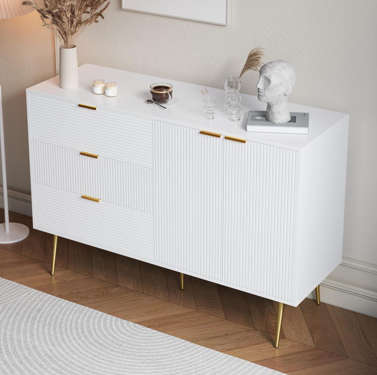 SIDEBOARD 120/38/80,5 cm mit 2 Türen, 3 Schubladen & goldfarbenen Details - Weiß, Holzwerkstoff (120/80.5/38cm) - BEAOK