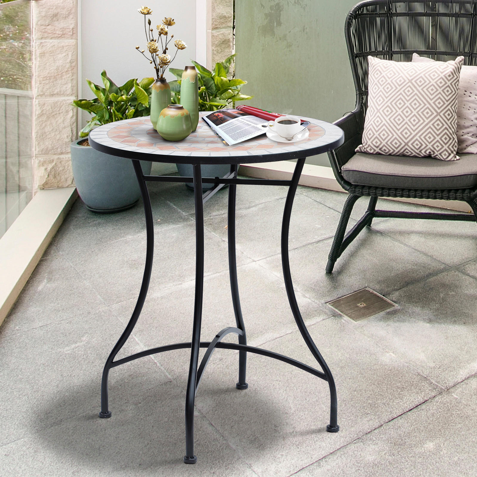 GARTENTISCH, Orange + Weiß,Stahl - Schwarz/Orange, Keramik/Metall (60/60/71cm) - Outsunny