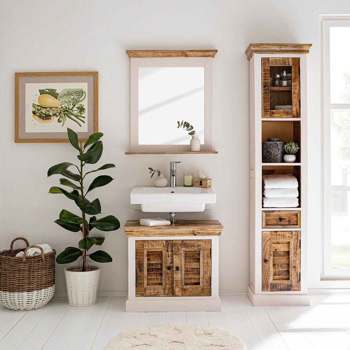 WASCHBECKENUNTERSCHRANK - Teilmassivholz Mango - Weiß, Holz/Metall (70/60/40cm) - home24