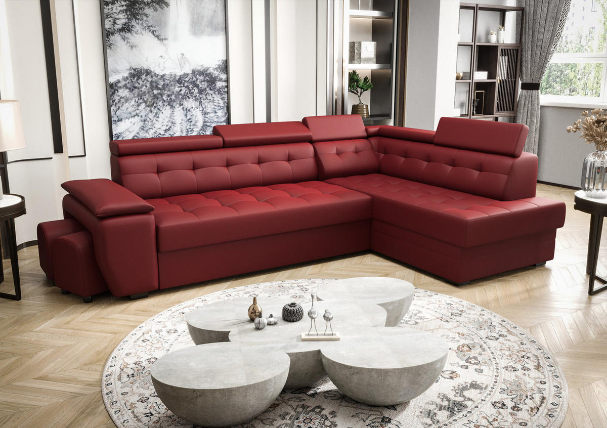ECKSOFA KONGO RBN15, Eckcouch in L-Form mit Schlaffunktion, Farbe: Rot, Kunstleder, Ottomane Rechts - Rot, Textil (277/180cm) - O-Sofa