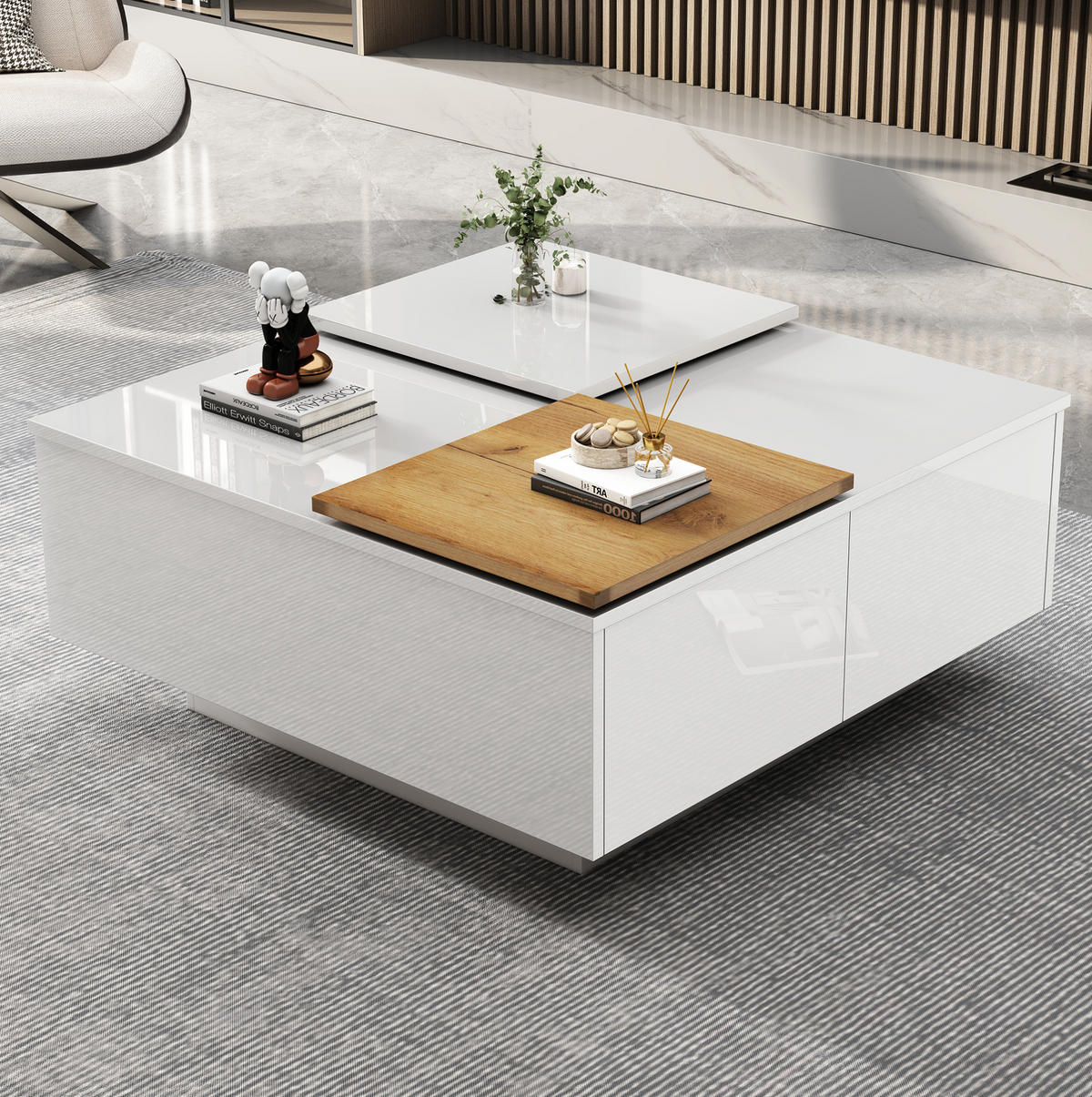 COUCHTISCH 75/75/33.5 cm in Weiß aus Spanplatte mit Hochglanz und Schubladen - Weiß, Holzwerkstoff (75/75/33.5cm) - OKMYHOME