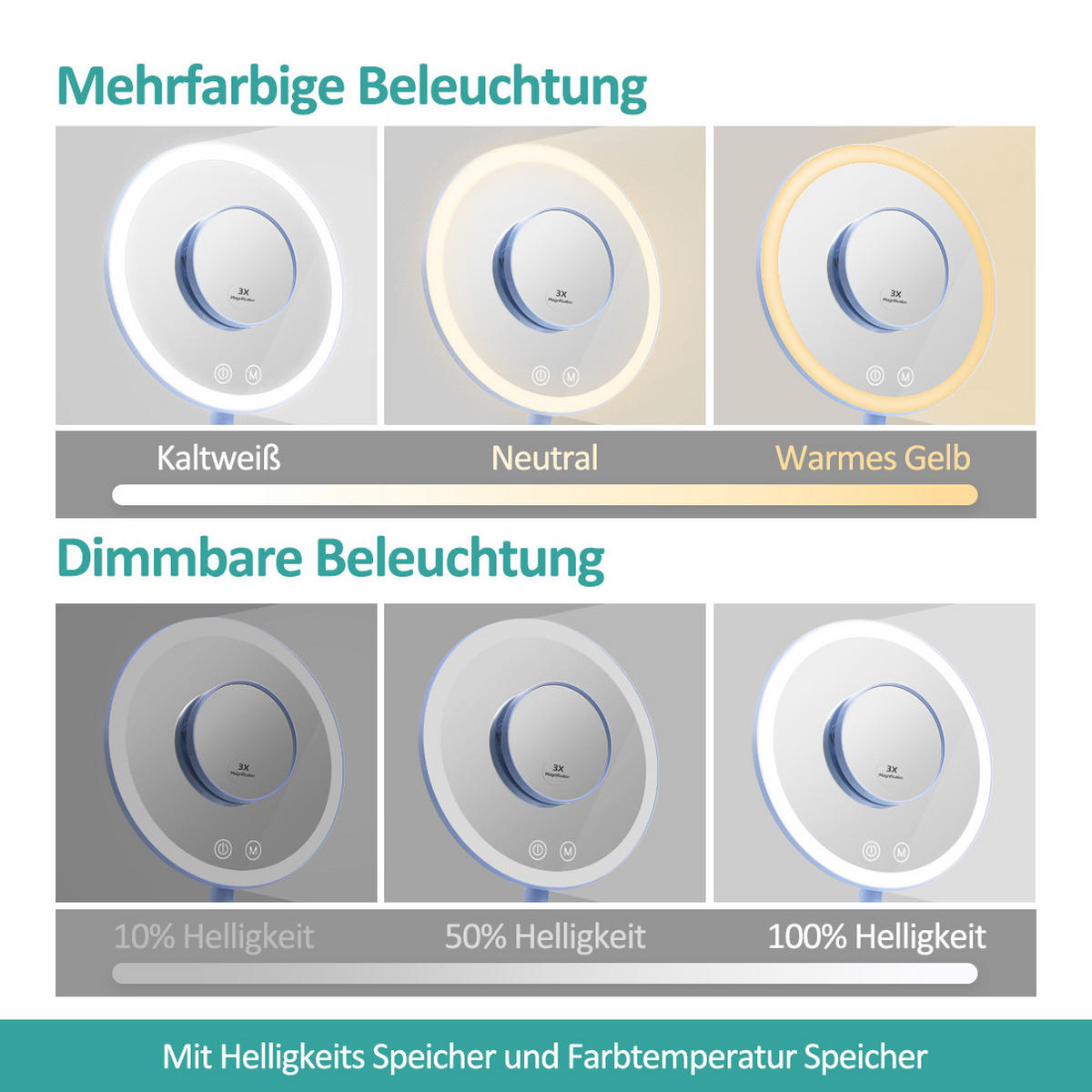 KOSMETIKSPIEGEL mit Licht mit Abnehmbare Saugnapfes, Hellblau, φ20 cm - Blau, Glas (20/35/20cm) - EMKE