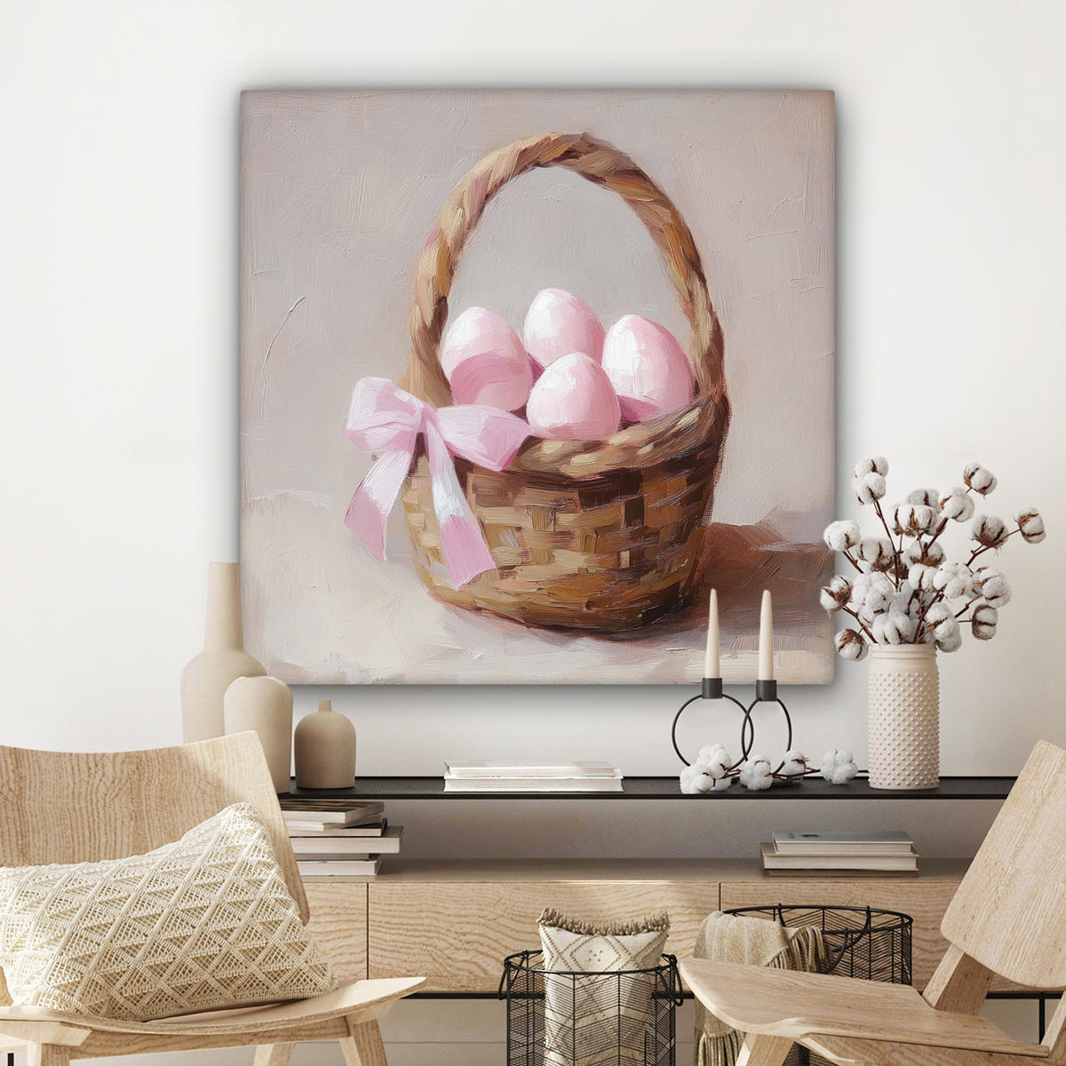 LEINWANDBILD Korb - Eier - Rosa Deko Groß 90x90 cm - Beige, Textil (90/90cm) - MuchoWow