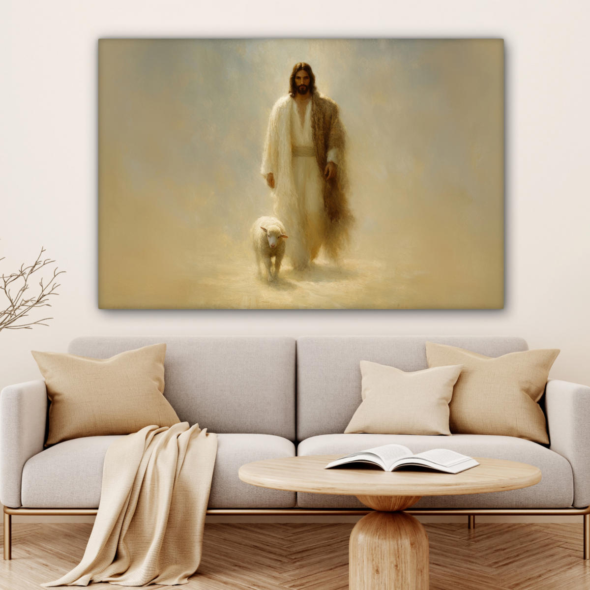 LEINWANDBILD Schaf - Jesus - Pinselstriche - Abstrakt Groß 140x90 cm - Sandfarben, Textil (140/90cm) - MuchoWow