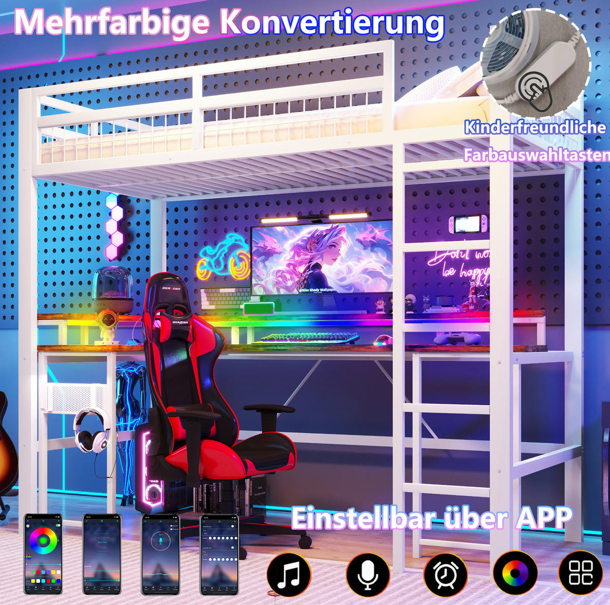 HOCHBETT 90/200 cm Weiß aus Metall und MDF mit Schreibtisch - Weiß, Metall (90/200cm) - OKMYHOME