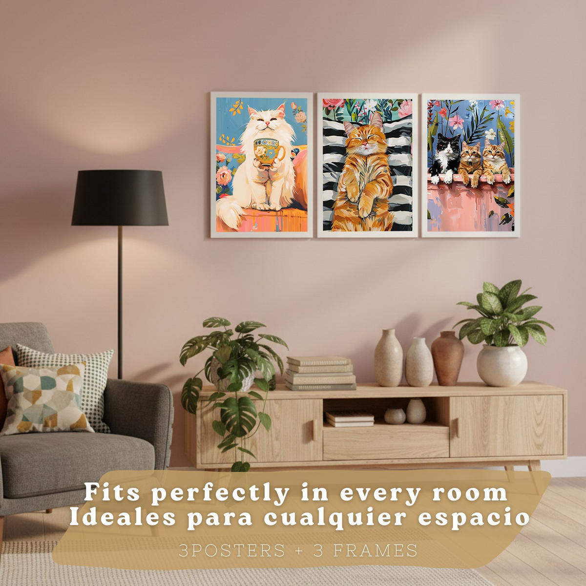PLAKAT Sada 3 Funny Cats A3 Bílý rám - bílá, papír (29.7/1/42cm) - Nacnic