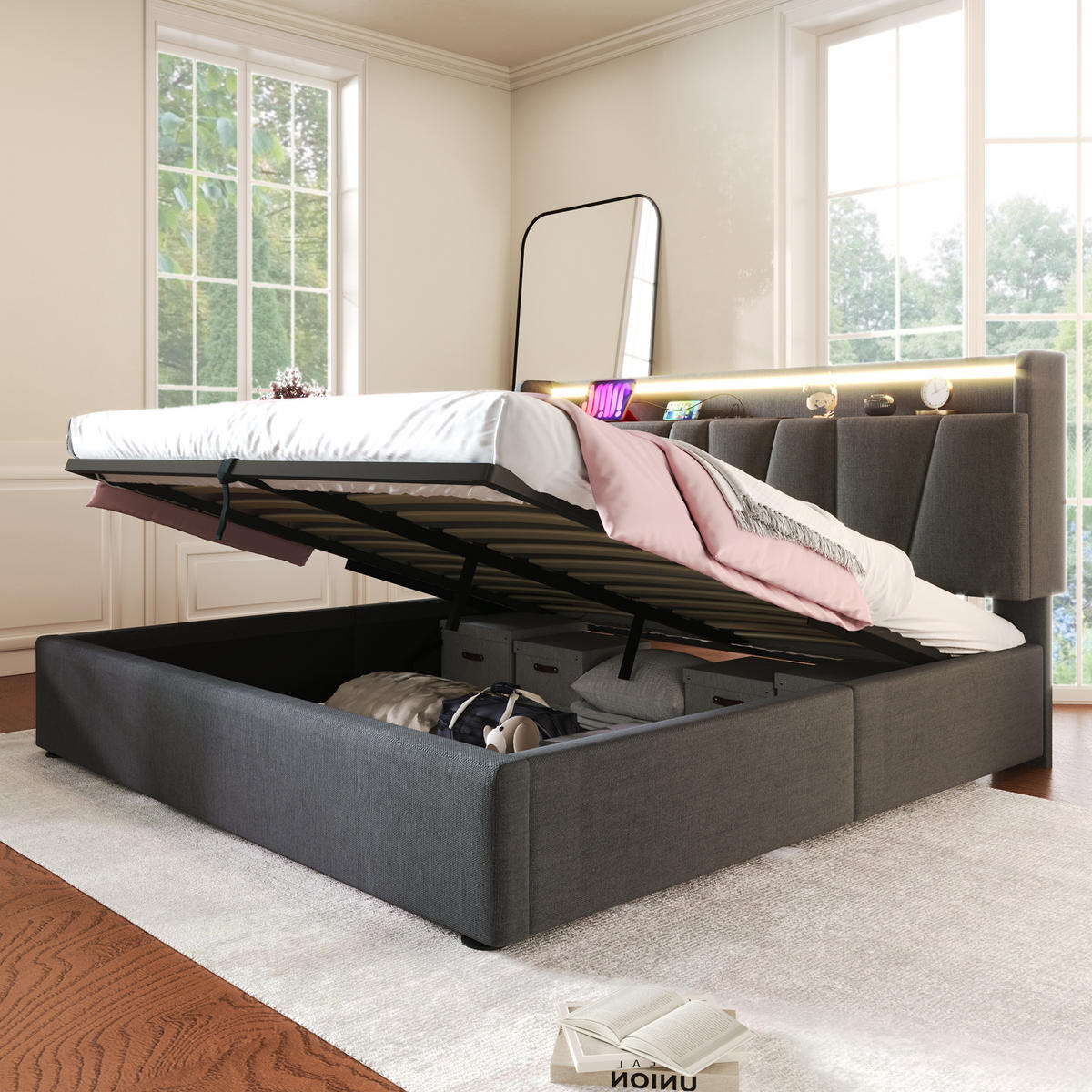 POLSTERBETT 140/200 cm mit Matratze, LED-Beleuchtung, USB, Type-C, Steckdosen und Bettkasten, Grau - Grau, Textil - Redom