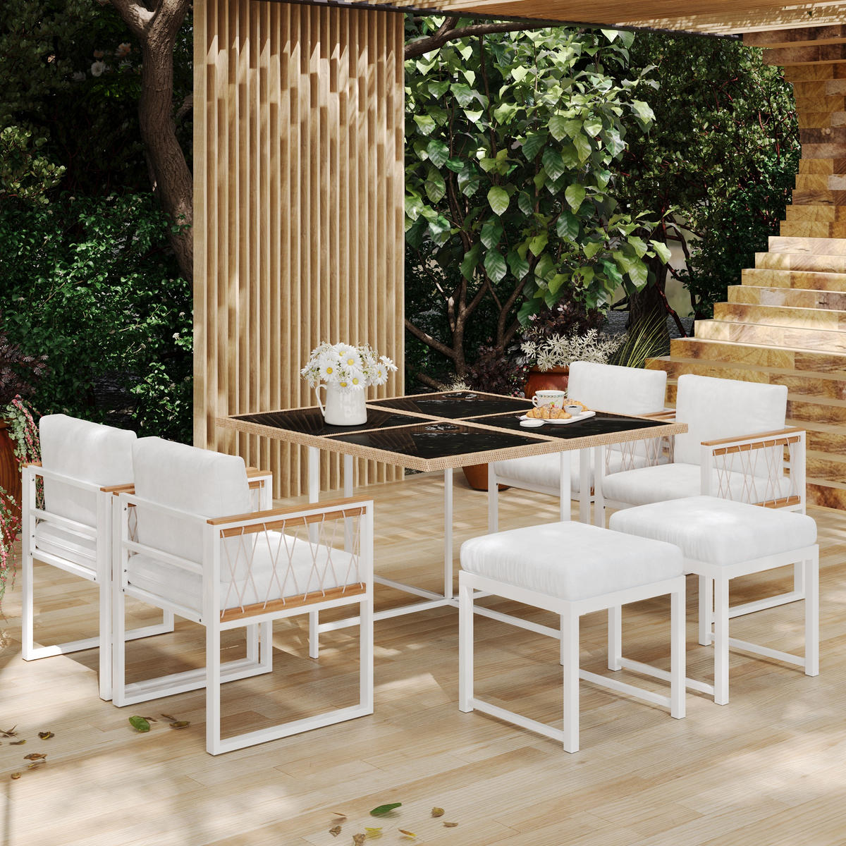 GARTENSET 7 tlg 6 Personen Tisch Stühle - Weiß, Metall - LEBENLANG