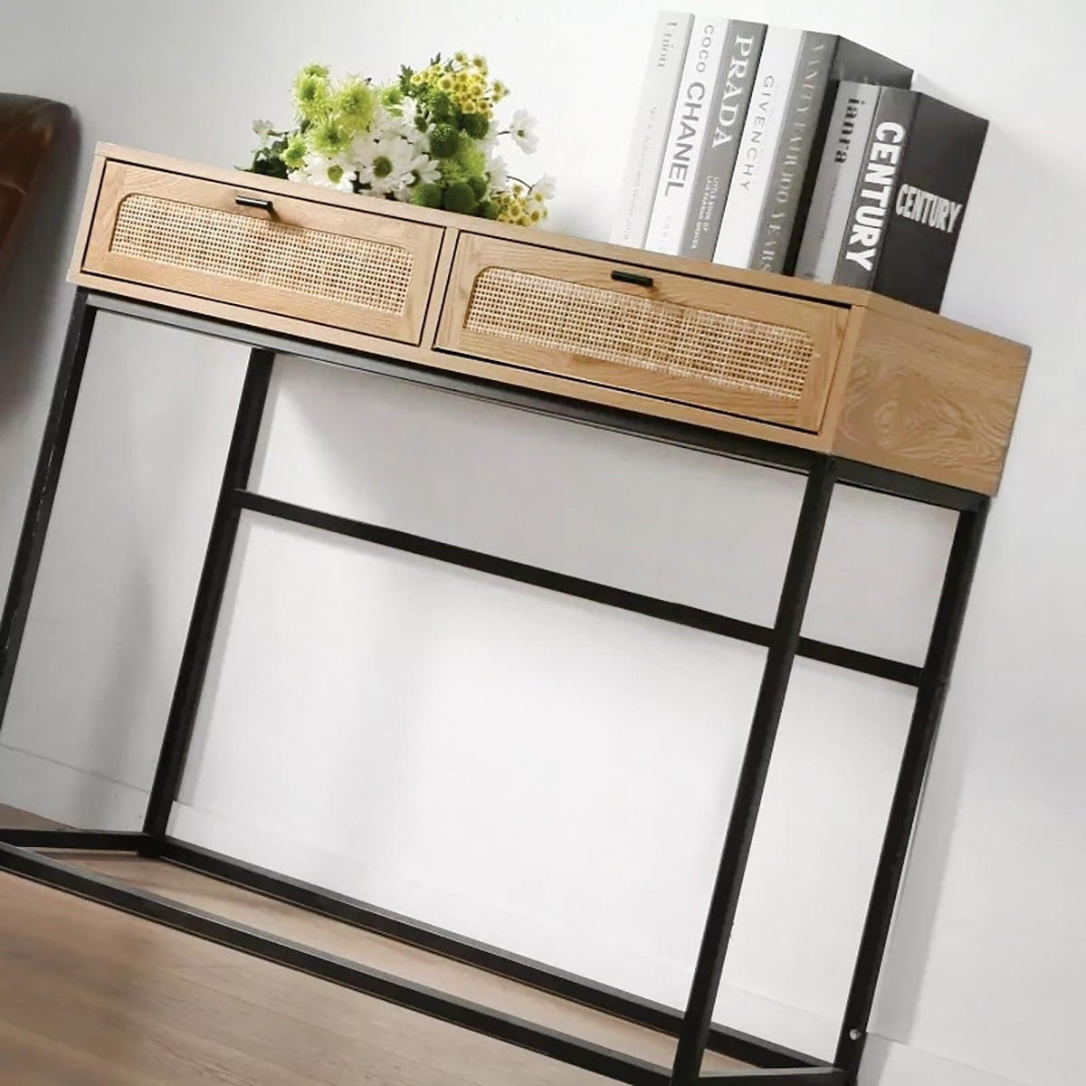 KONSOLE aus Rattan mit 2 Schubladen - L100cm - Eschefarben, Holzwerkstoff (36/35/80cm) - Calicosy