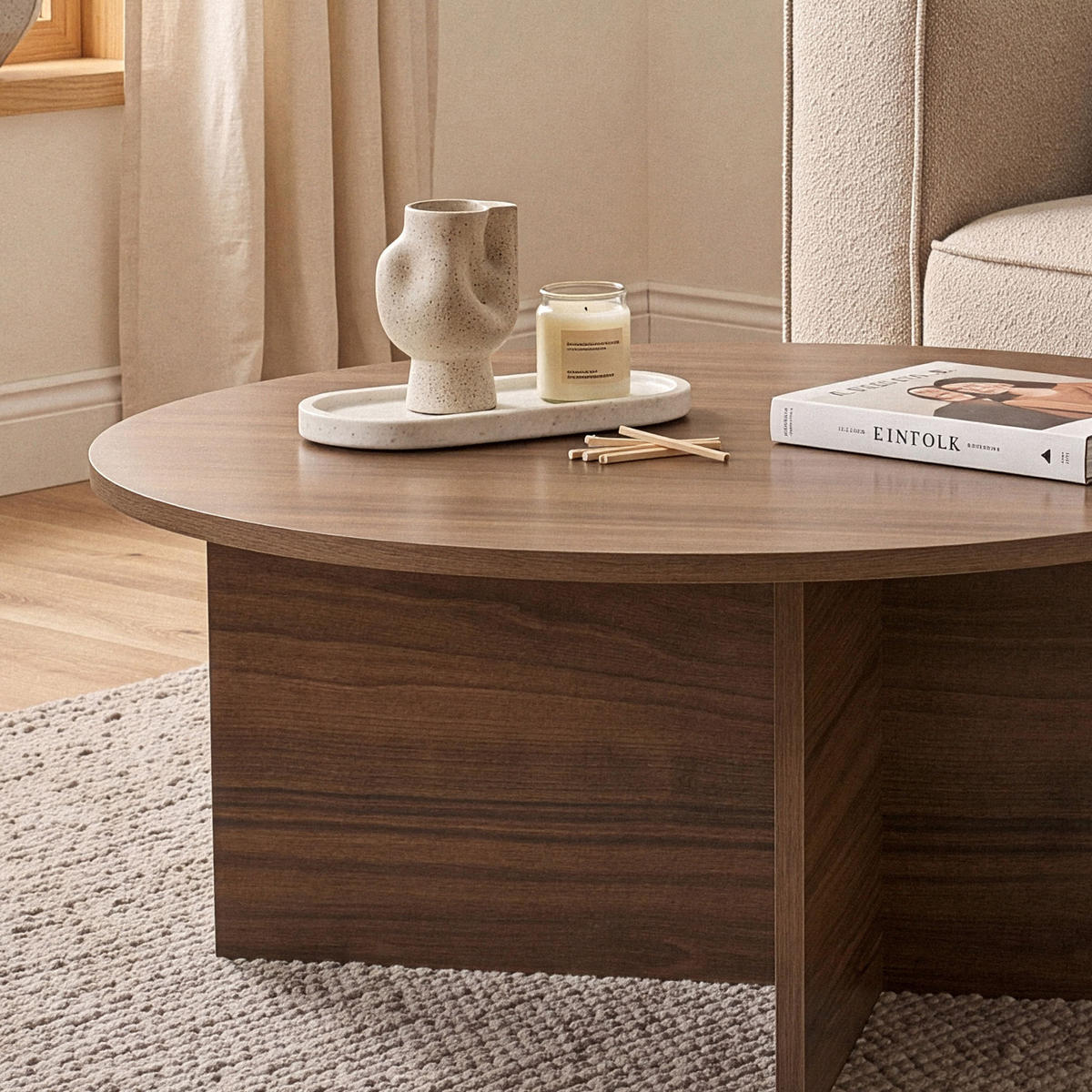 COUCHTISCH mit abgerundeter Platte - soleil 90/90/40 cm - Naturfarben, Holzwerkstoff (95/90/40cm) - Calicosy