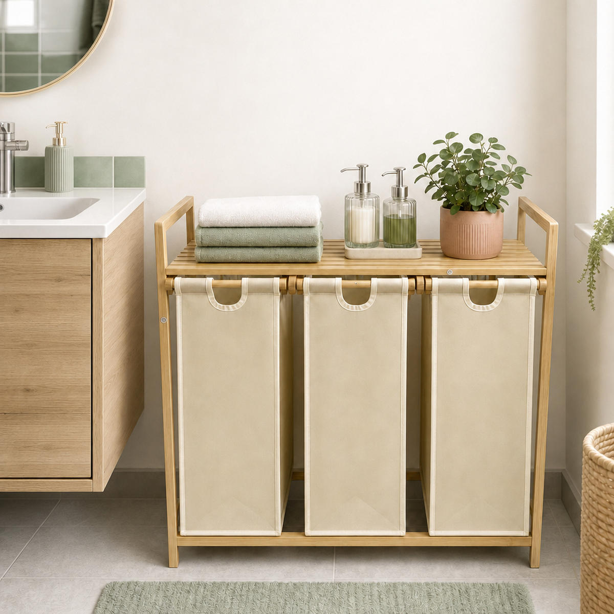 WÄSCHESAMMLER Natur Beige 3er-Set Bambus - Multicolor, Holz/Textil (78/77/41.5cm) - Relaxdays
