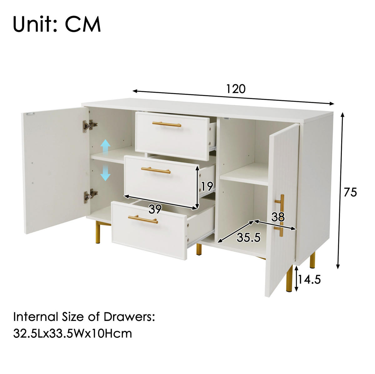 KOMMODE 120/40/75 cm mit 3 Schubladen, 2 Türen und Metallfüßen - Weiß, Holzwerkstoff (120/40/75cm) - BEAOK