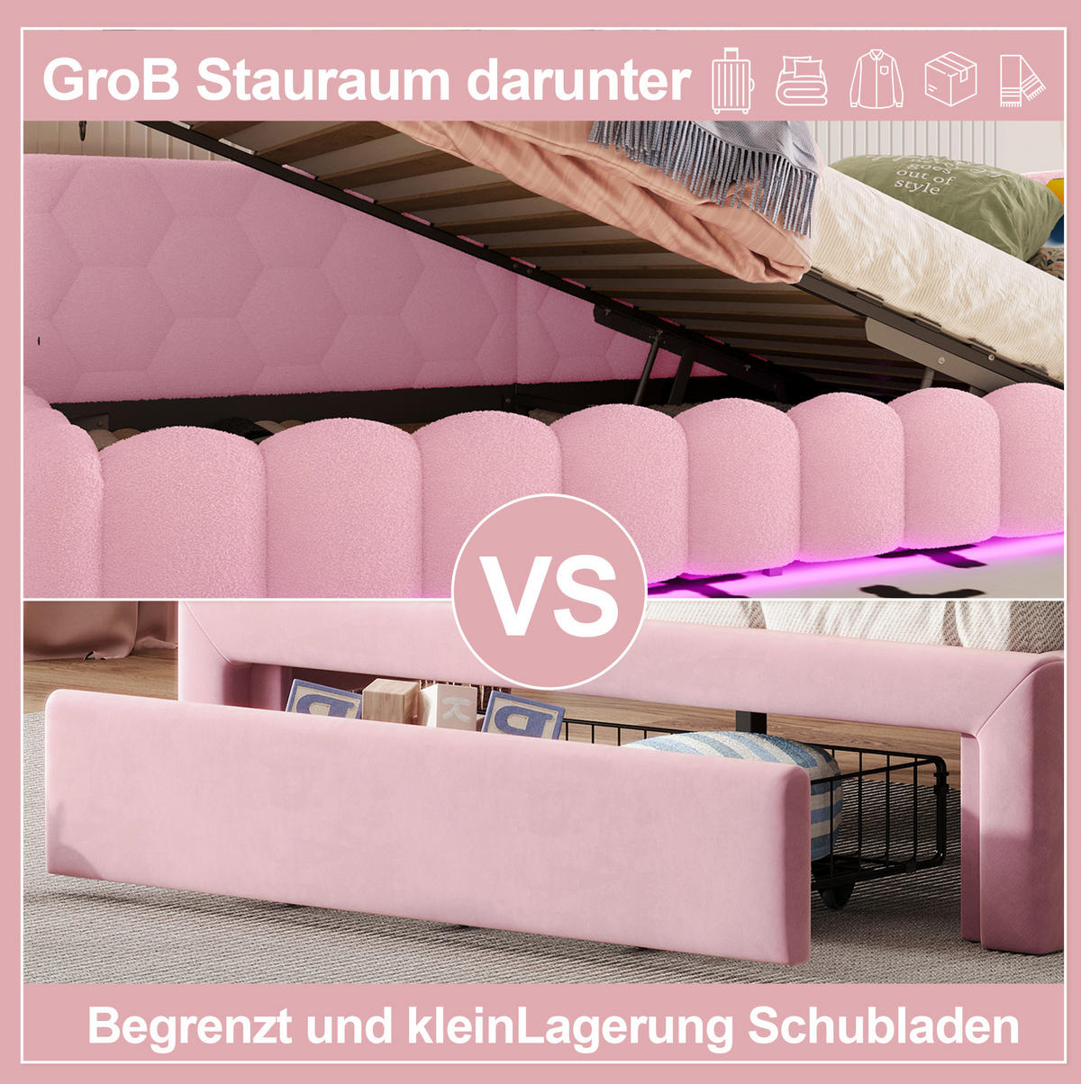 POLSTERBETT 90/200 cm Rosa mit Stauraum mit LED-Beleuchtung mit USB- und Type-C-Anschlüssen - Rosa, Textil (90/200cm) - OKWISH