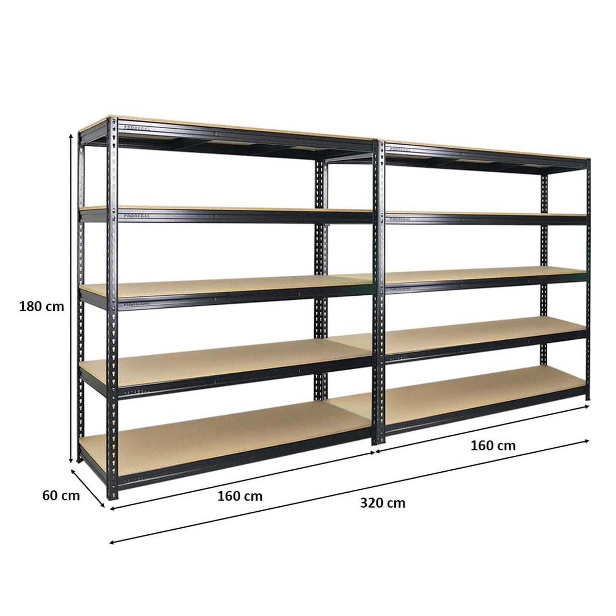 SCHWERLASTREGAL Bison 2er-Set mit 2x 200x180x60 cm 5 Fachböden Fachlast 600 kg Schwarz - Schwarz, Metall (360/200/60cm) - PROREGAL