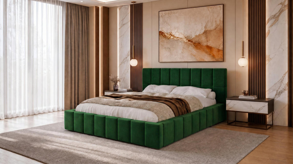 POLSTERBETT 140x200 cm, Alma, Doppelbett mit Bettkasten, Lattenrost aus Holz, Velourstoff, Grün - Grün, Holz/Textil (140/200cm) - Marpur