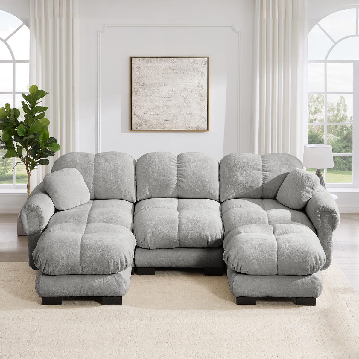 WOHNLANDSCHAFT DE-34384 U-Form mit Ottoman und Steppdesign Hellgrau - Hellgrau, Textil (149/90/260cm) - ComfortXL