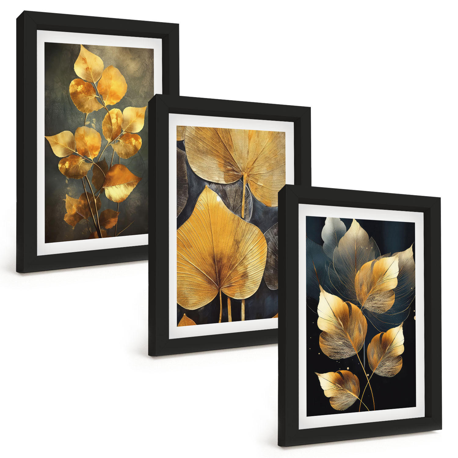 BILDER SET 3er Set - 20x30 cm Schwarzer Rahmen - Gelbe Blätter auf dunklem Hintergrund - Schwarz, Kunststoff (20/30cm) - TULUP