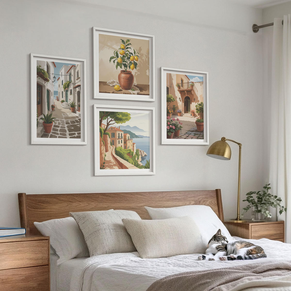 BILDER SET 4er Set - 50x50 cm & 40x60 cm Weißer Rahmen - Straßen, Häuser, Pflanzen, Töpfe - Weiß, Kunststoff (50/50cm) - TULUP
