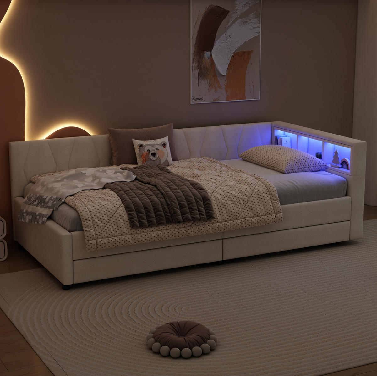 KREVET 90/200 cm s LED osvjetljenjem, USB+Type C priključkom, dva ladice i policama, Bež - bež, tekstil (90/200cm) - Redom