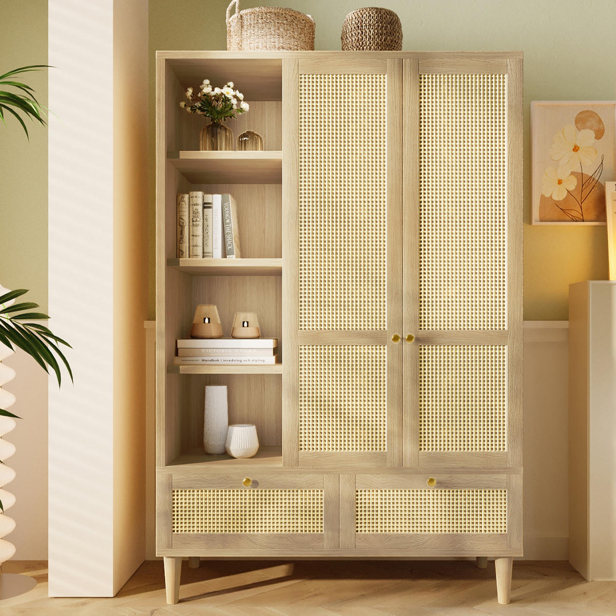 KLEIDERSCHRANK 120/50/180 cm mit 2 Drehtüren, 2 Schubladen und Rattan in Eiche - Eichefarben, Holz (120/180/50cm) - BEAOK