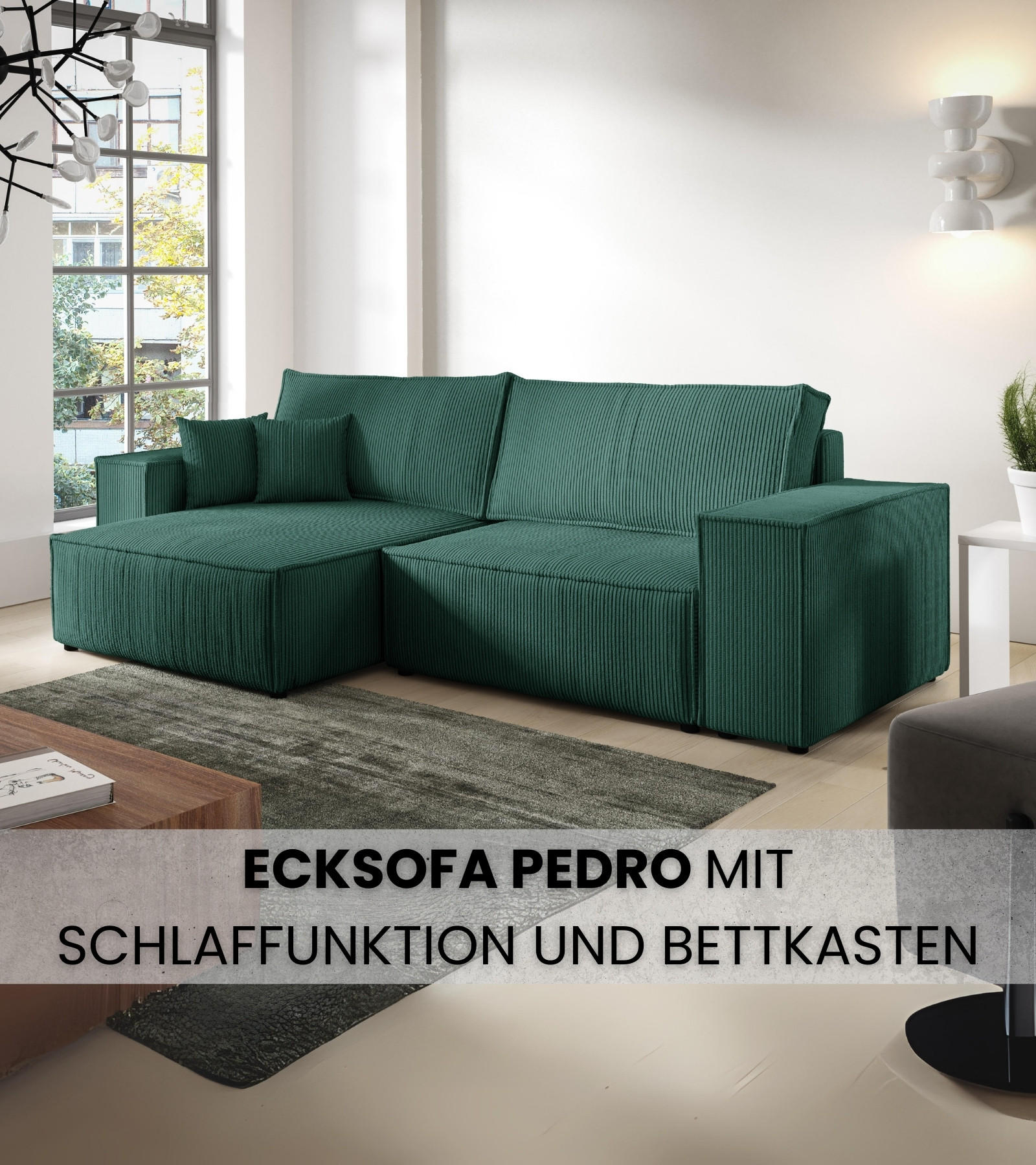 ECKSOFA Pedro mit Schlaffunktion Grün Cord - Grün, Textil (255/153cm) - Bromarkt