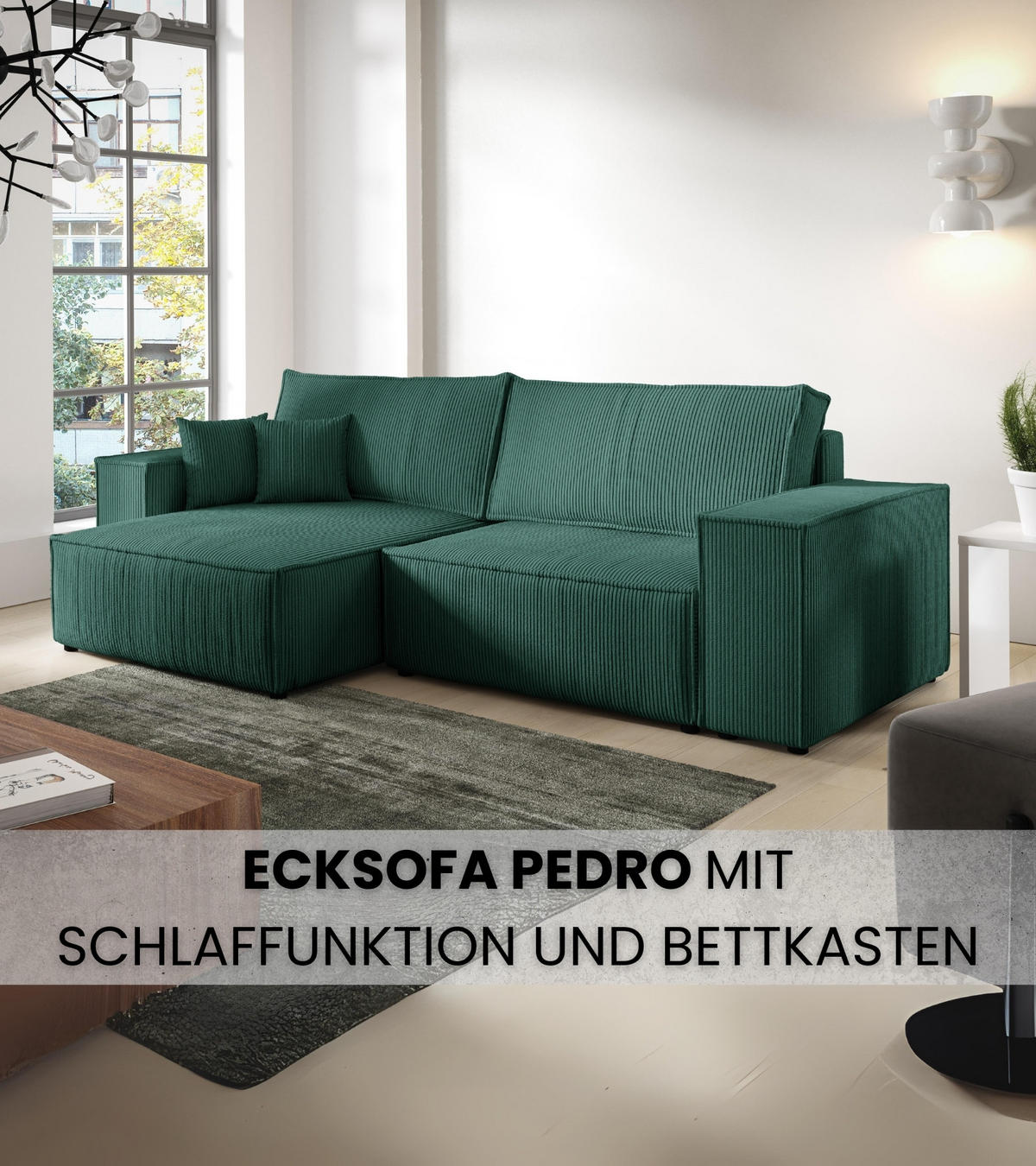 ECKSOFA Pedro mit Schlaffunktion Grün Cord - Grün, Textil (255/153cm) - Bromarkt