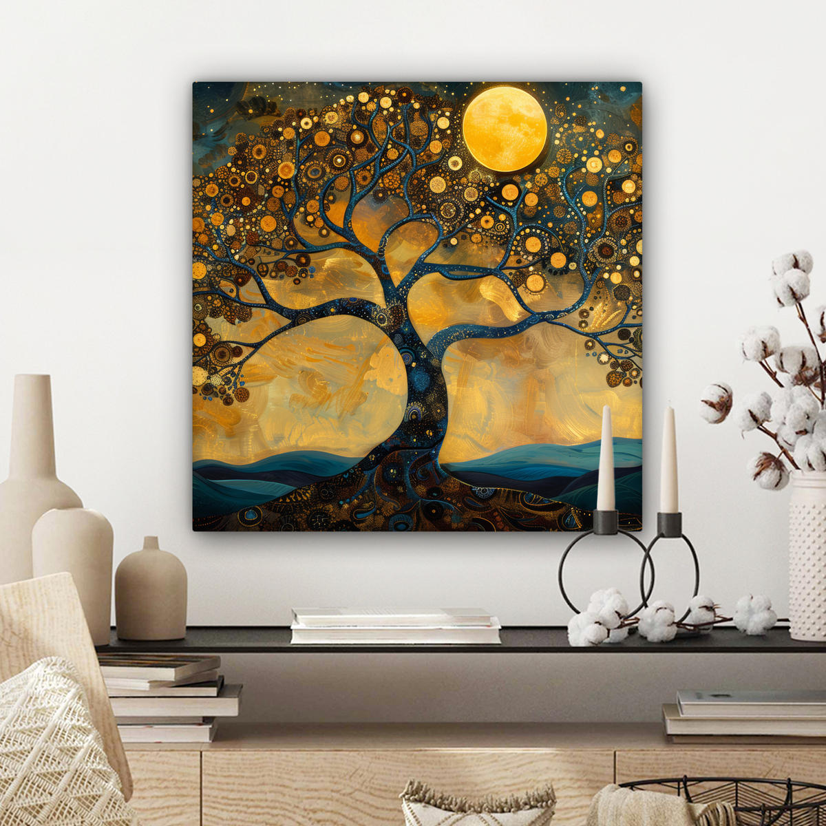 LEINWANDBILD Baum - Mond - Blumen - Gold - Kunst Wandbild Wohnzimmer 50x50 cm - Orange, Textil (50/50cm) - MuchoWow