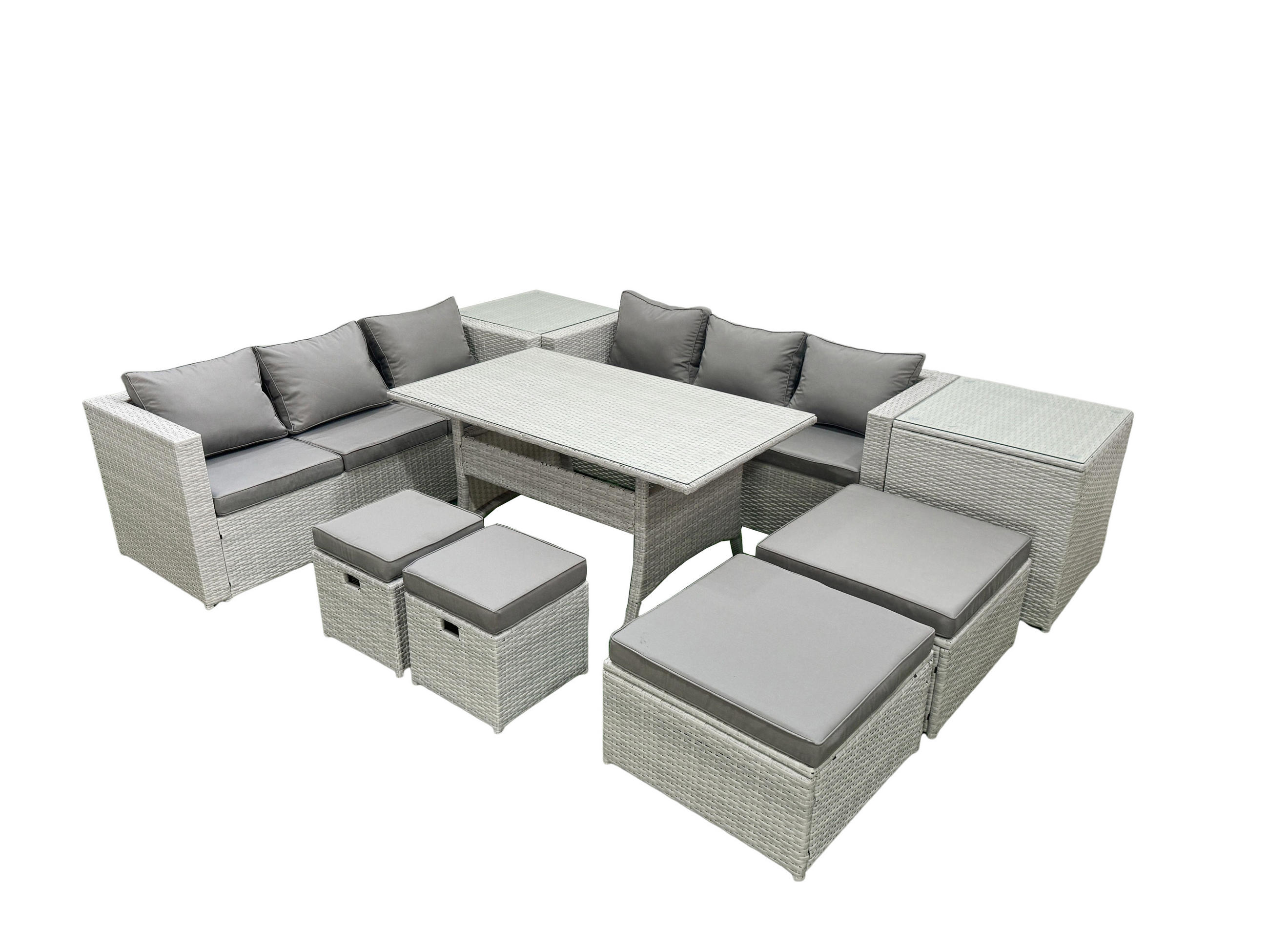 GARTENSET mit Esstisch,Sofa,4 Fußhocker,2 Beistelltischen Polyrattan Hellgrau 10-Sitzer - Hellgrau/Grau, Glas/Kunststoff - Fimous