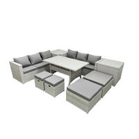 GARTENSET mit Esstisch,Sofa,4 Fußhocker,2 Beistelltischen Polyrattan Hellgrau 10-Sitzer - Hellgrau/Grau, Glas/Kunststoff - Fimous