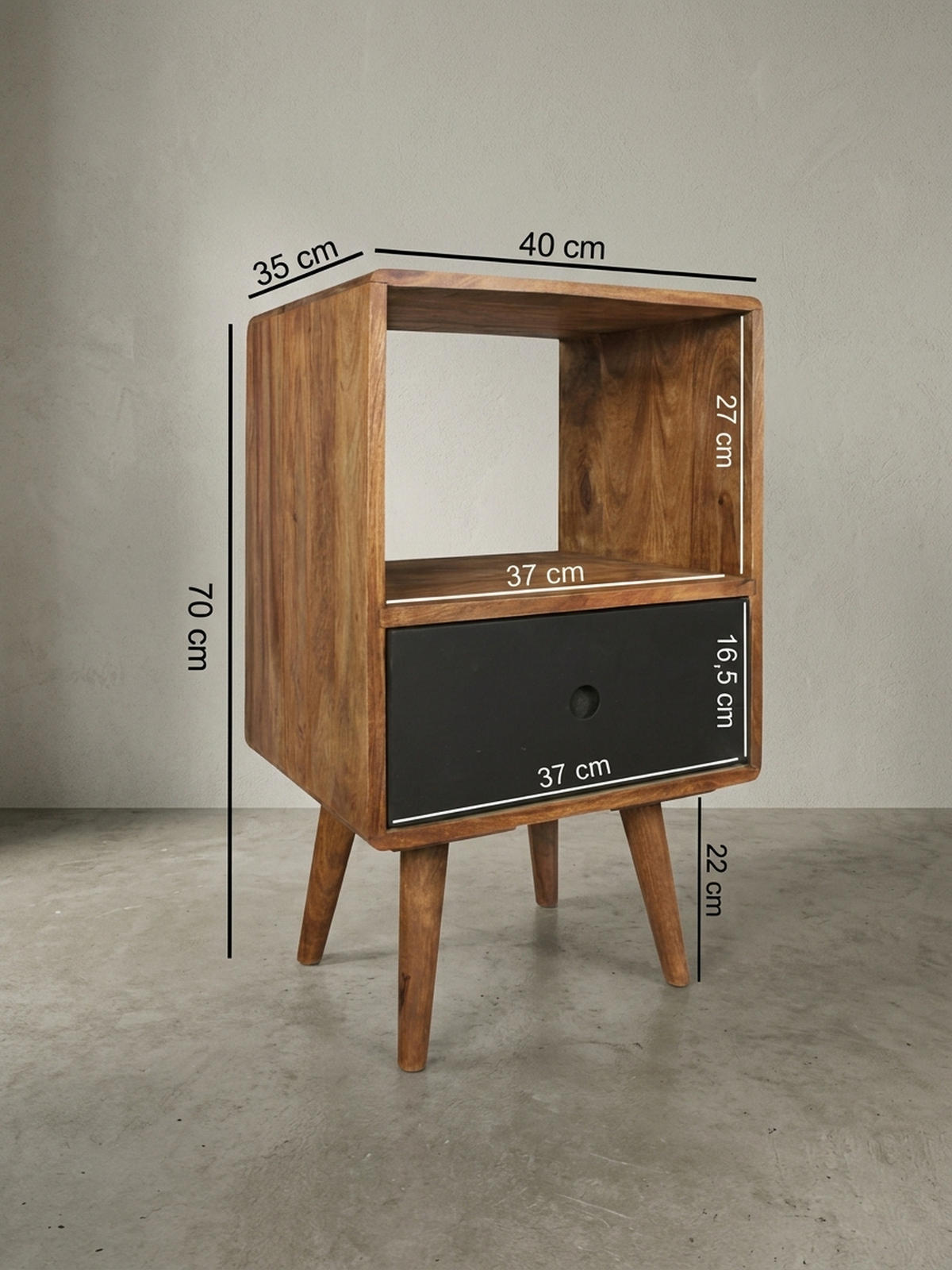 NACHTTISCH – Massivholz, 40x35x70 cm, Schublade, Retro-Stil - Dunkelbraun/Schwarz, Holz (40/70/35cm) - KADIMA DESIGN