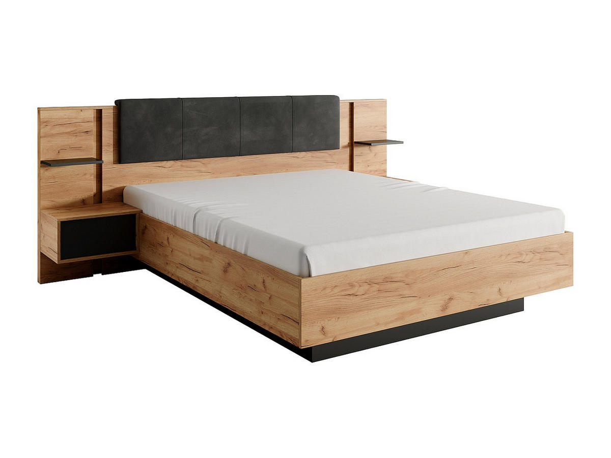 BETT mit Bettkasten - 2 Personen - Stoff, Holz, Platte - Anthrazitgrau, Naturfarben Hell - - Anthrazit/Naturfarben, Holz/Holzwerkstoff (160/200cm) - Vente-Unique