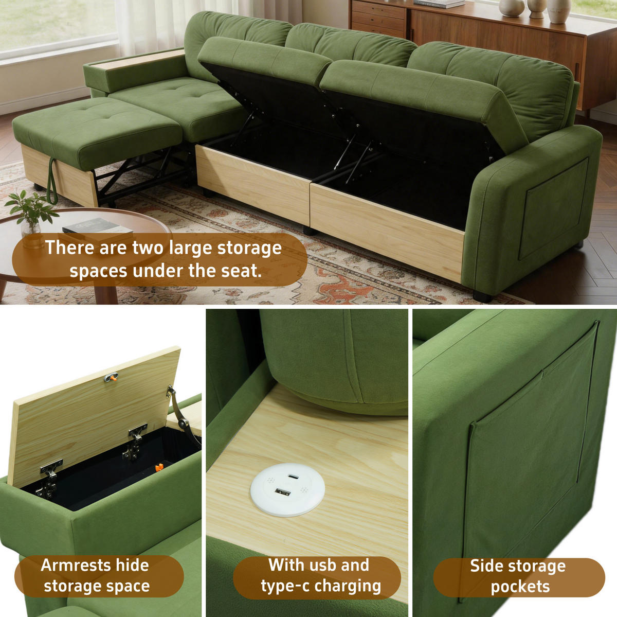 ECKSOFA 228/80/78 cm grün aus Samt mit Stauraum und USB - Grün, Textil (80/228cm) - OKWISH