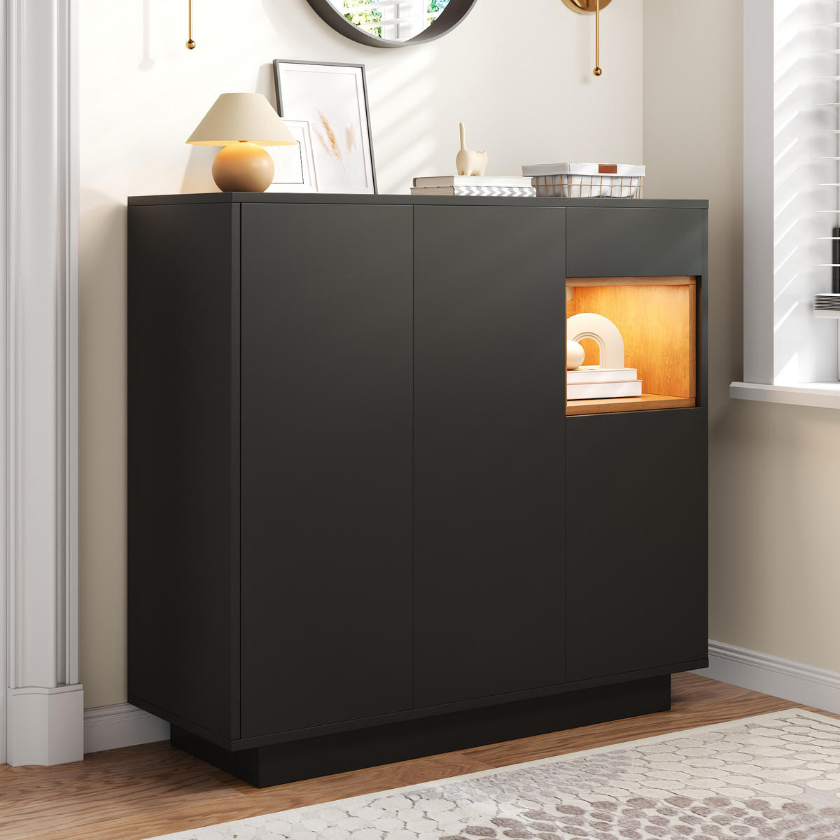 SCHUHSCHRANK mit LED-Beleuchtung und verstellbaren Einlegeböden mit Schublade Schwarz Holz - Schwarz/Naturfarben, Holzwerkstoff/Metall (105/100.5/39.5cm) - EVRYAE