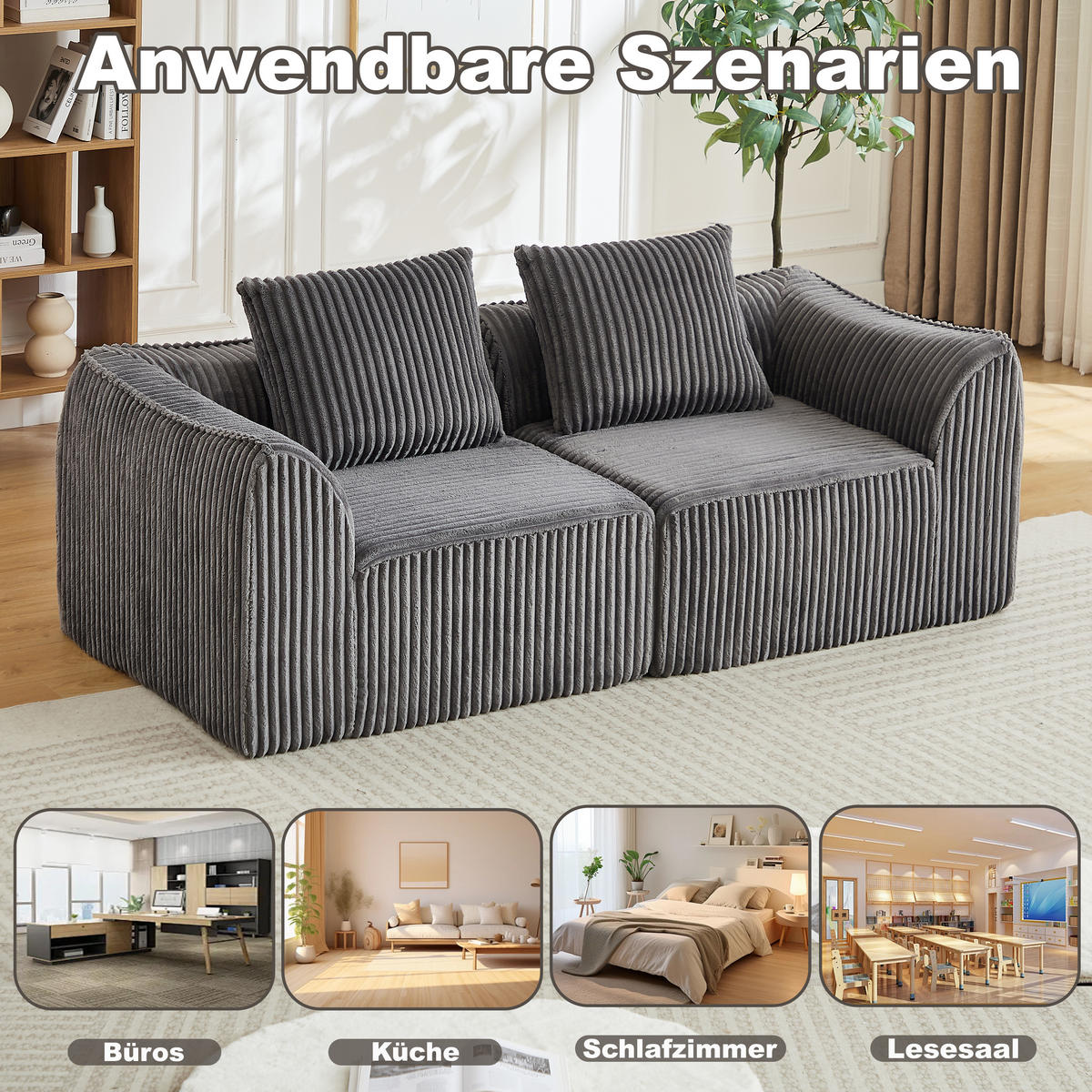 2-SITZER SOFA Cord Grau mit 2 Kissen - Grau, Textil (185/72.5/101cm) - WISHDOR