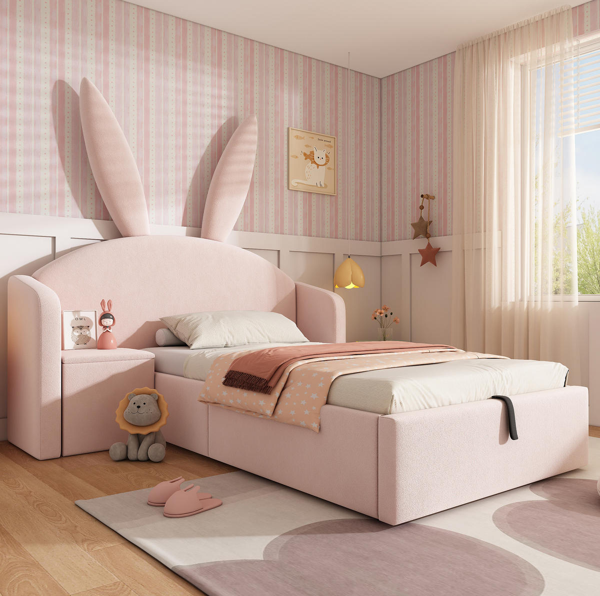 KINDERBETT 90/200 cm aus Samt mit Hasenohren-Optik und Nachttisch Rosa - Rosa, Textil (90/200cm) - Modenvie