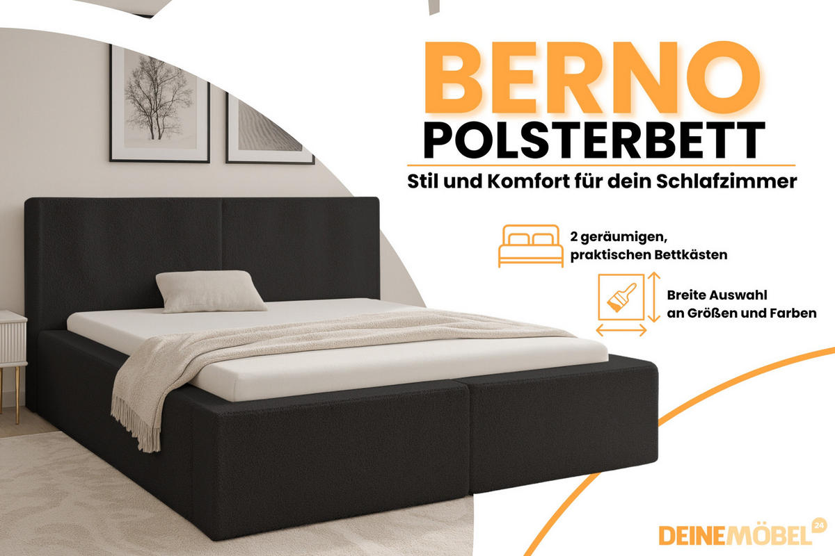 POLSTERBETT BERNO 160/200 in Boucle Schwarz - Schwarz, Holz/Holzwerkstoff (160/200cm) - Deine Möbel 24