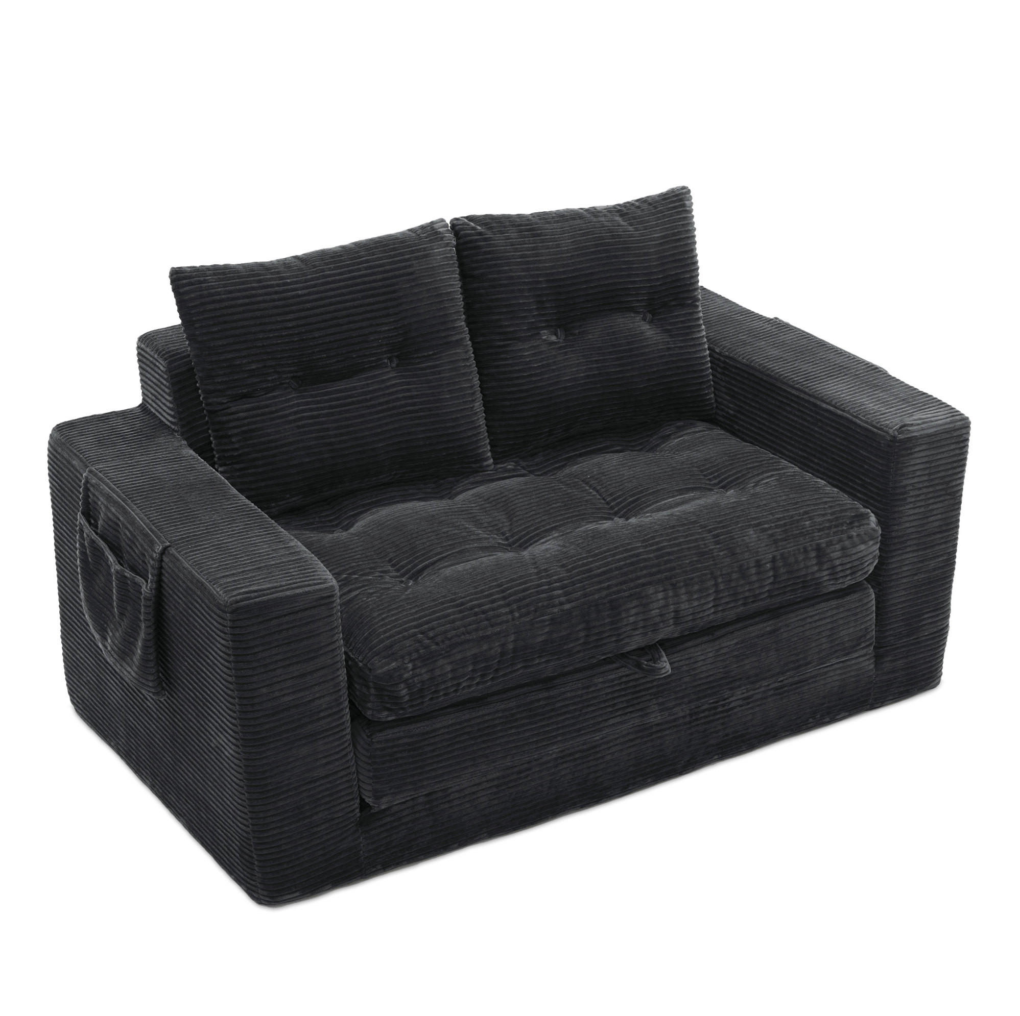 SOFA mit Ausklappfunktion und Seitentaschen Black Corduroy - Schwarz, Kunststoff (140/67/85cm) - Meubliv