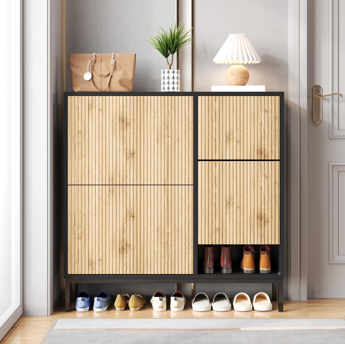 SCHUHSCHRANK mit Sitzbank 100 x 25 x 100 cm MDF Schwarz Natur - Schwarz, Holz (25/100/100cm) - Beauniv