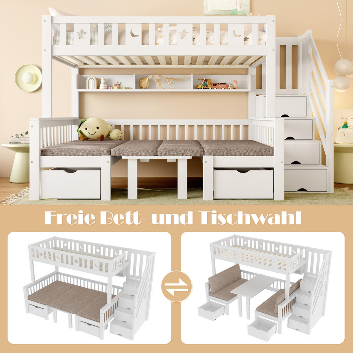 HOCHBETT 90/200 cm mit Matratze 2-in-1-Bett und Schreibtisch mit Stauraumleiter weiß - Weiß, Holzwerkstoff (90/200cm) - OKWISH