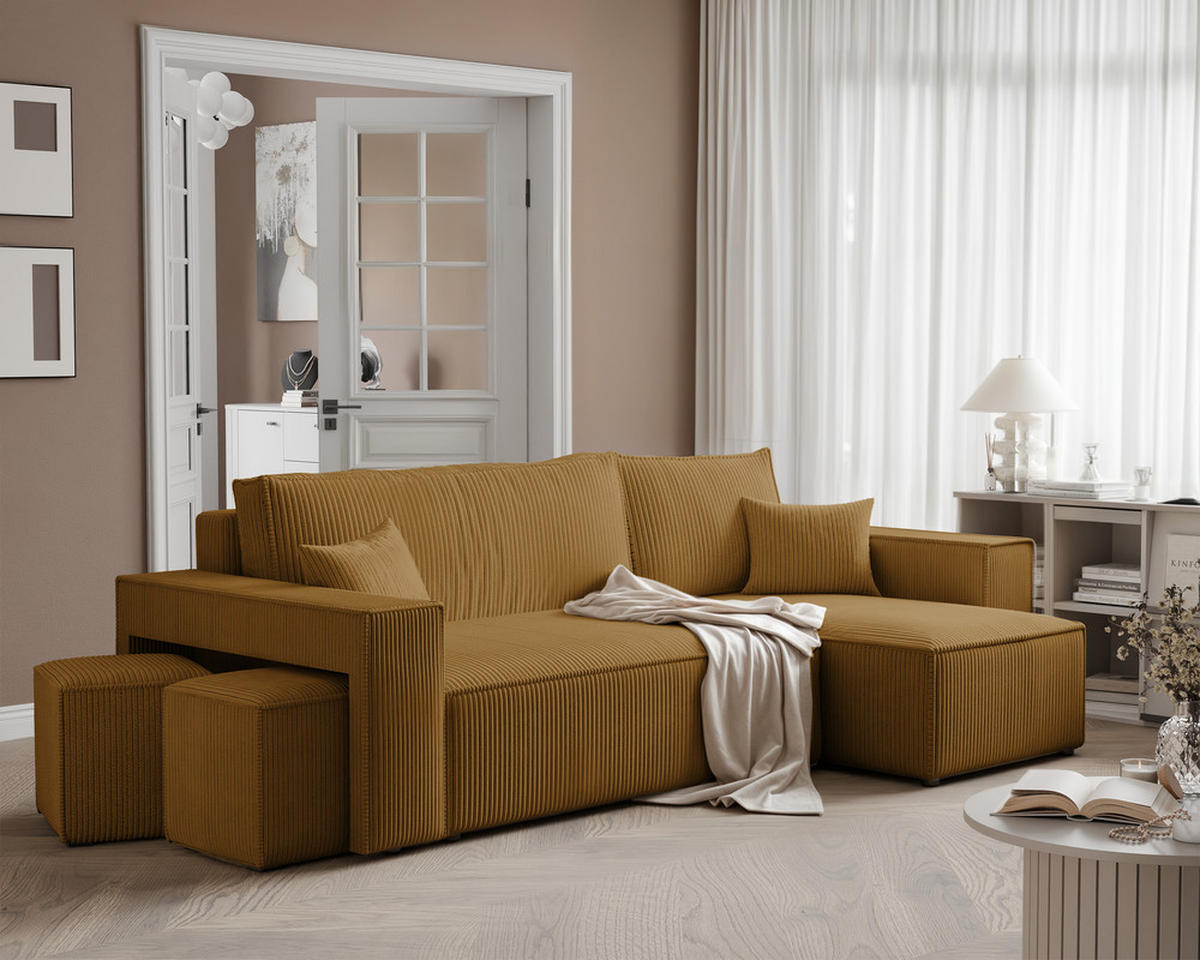 ECKSOFA PARIS mit Schlaffunktion und Bettkasten Senfgelb - Currygelb, Holzwerkstoff/Kunststoff (262/145cm) - Idohome