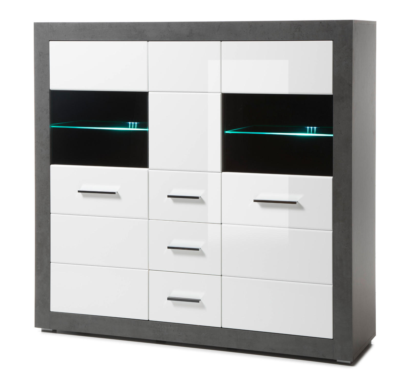 HIGHBOARD weiß Hochglanz, grau Stone 149 cm, Vitrine mit viel Stauraum - Chromfarben/Weiß Hochglanz, Glas/Holzwerkstoff (149/142/42cm) - Furn.Design