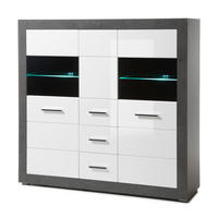 HIGHBOARD weiß Hochglanz, grau Stone 149 cm, Vitrine mit viel Stauraum - Chromfarben/Weiß Hochglanz, Glas/Holzwerkstoff (149/142/42cm) - Furn.Design