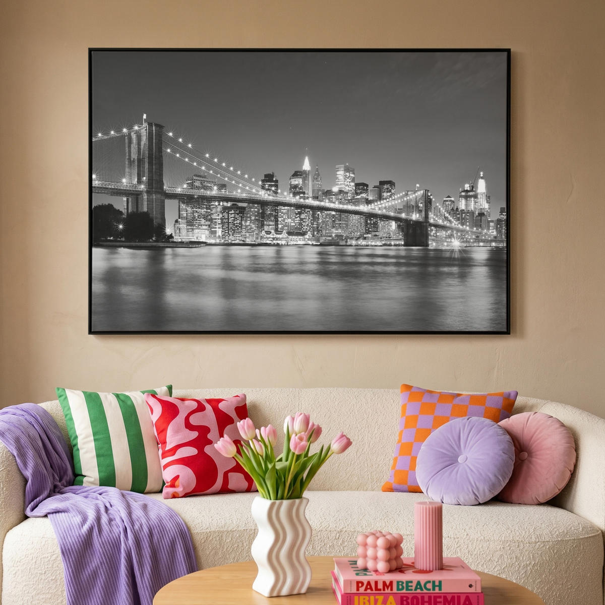 LEINWAND Bilder mit Rahmen - New York - Brücke - Brooklyn - Schwarz und weiß - Architektur - 150x100 - Schwarz, Textil (150/100cm) - MuchoWow