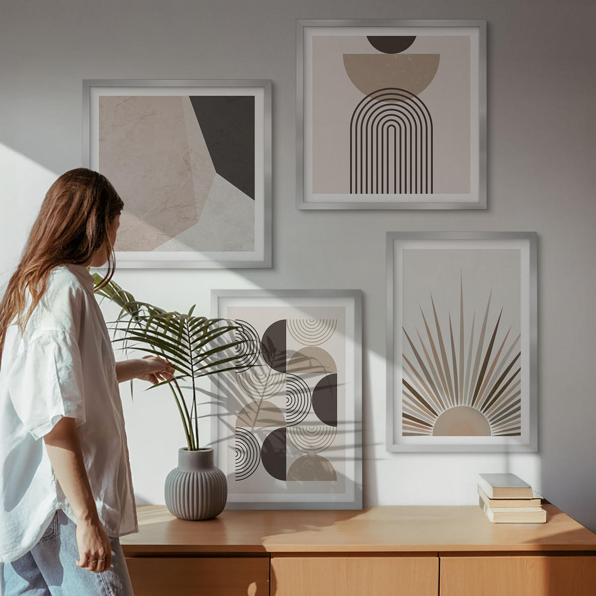 BILDER SET 4er Set - 50x50 cm & 40x60 cm Silberner Rahmen - Abstrakte beige und braune Formen - Silberfarben, Kunststoff (50/50cm) - TULUP